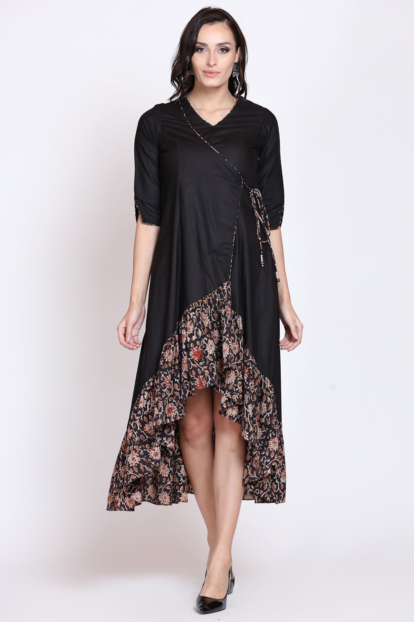 Black Angrakha High Low Bagru Dress