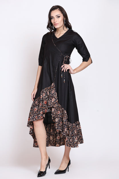 Black Angrakha High Low Bagru Dress