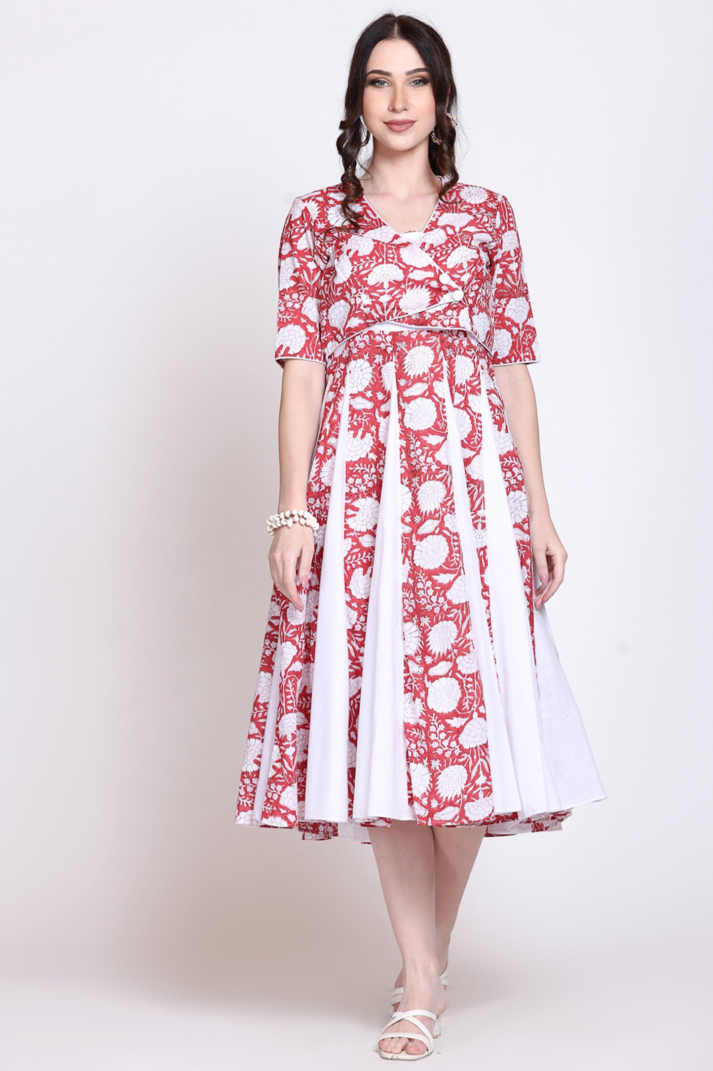 Sanganeri Floral Midi Dress With Shrug