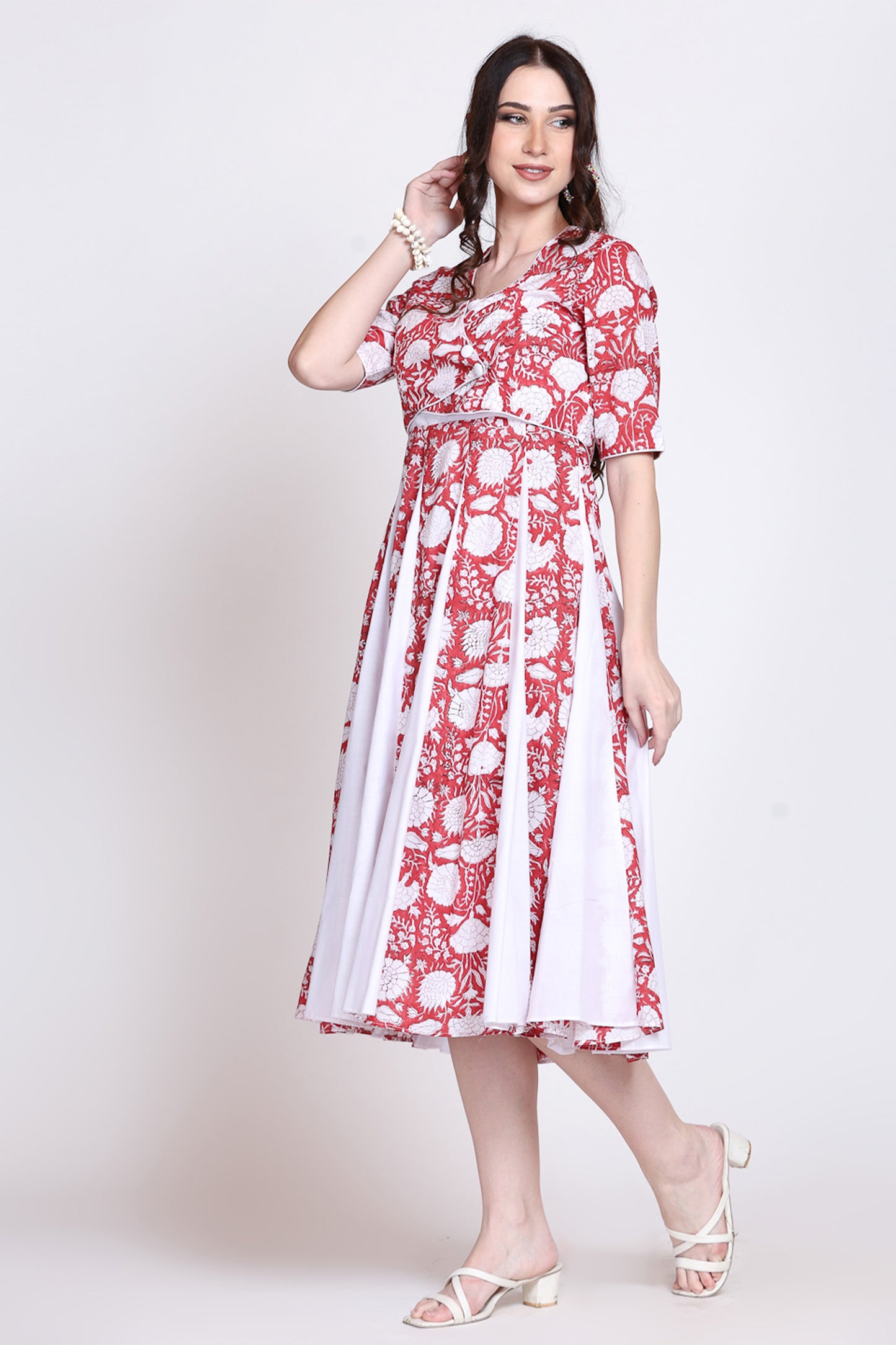 Sanganeri Floral Midi Dress With Shrug