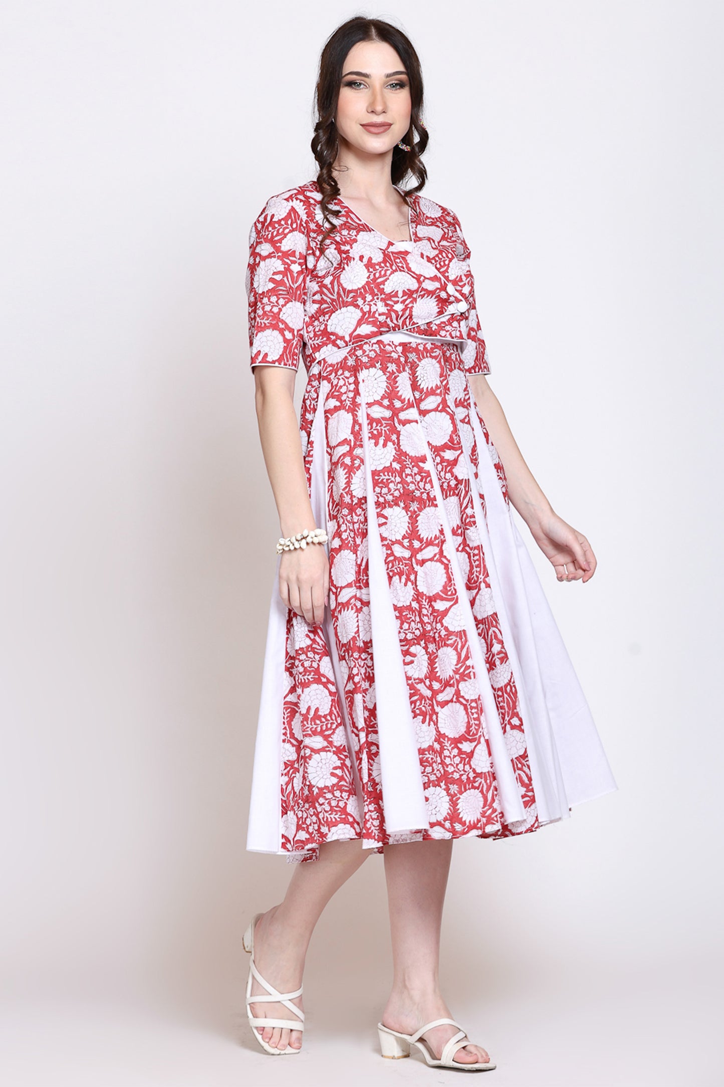 Sanganeri Floral Midi Dress With Shrug