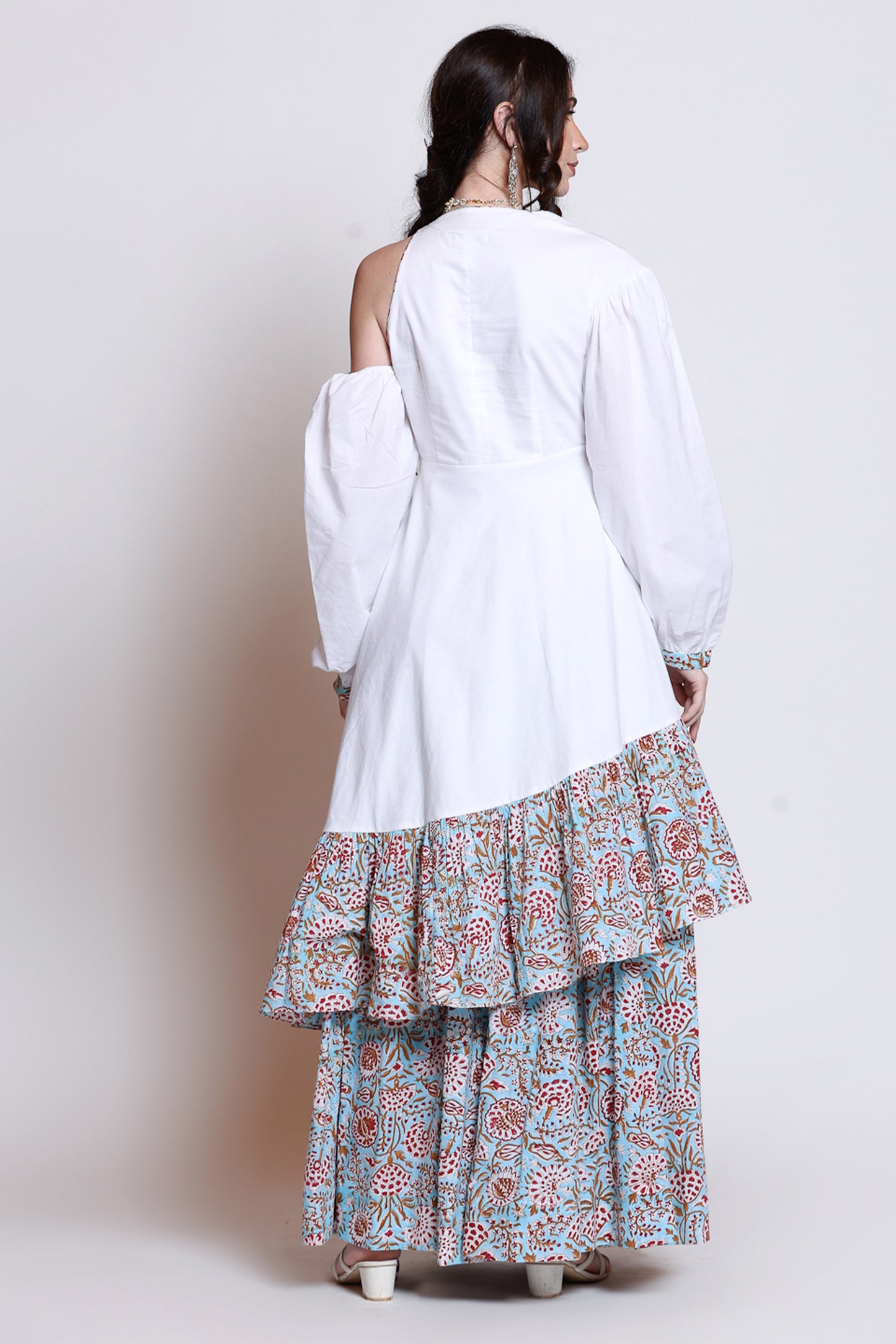 Sanganeri Assymetrical Flared White Dress With Skirt