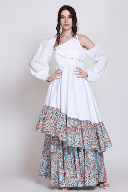 Sanganeri Assymetrical Flared White Dress With Skirt