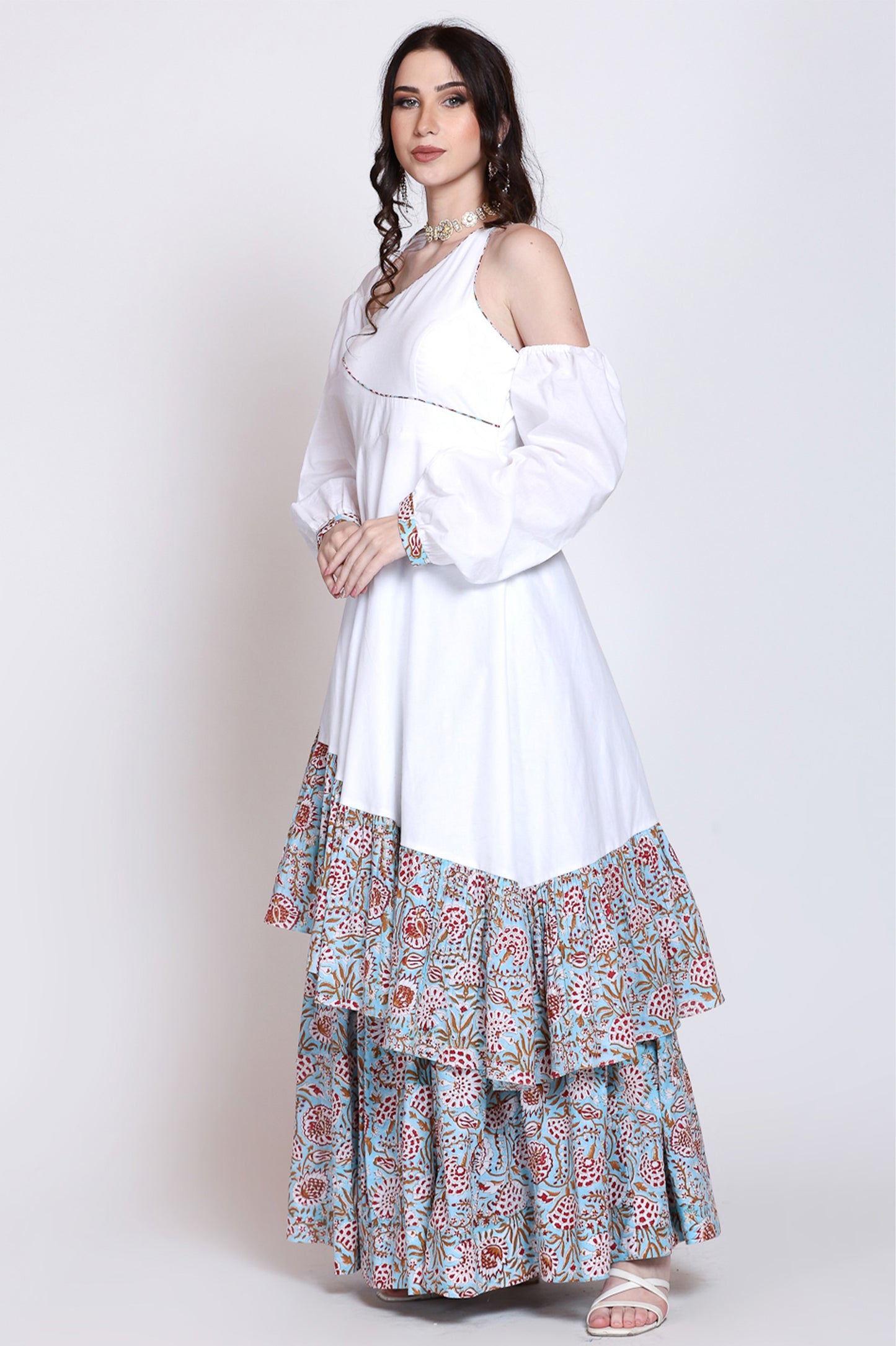 Sanganeri Assymetrical Flared White Dress With Skirt