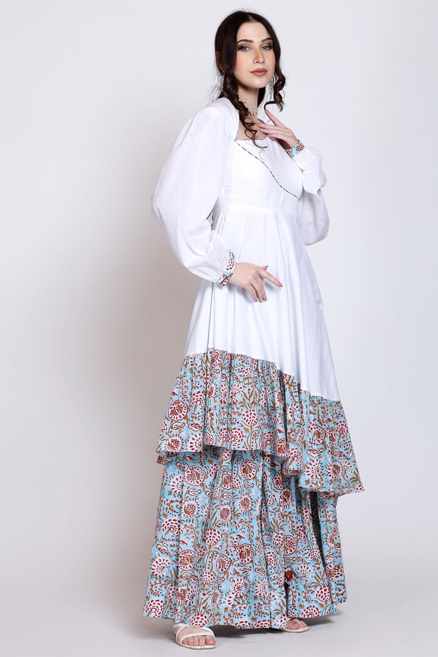 Sanganeri Assymetrical Flared White Dress With Skirt