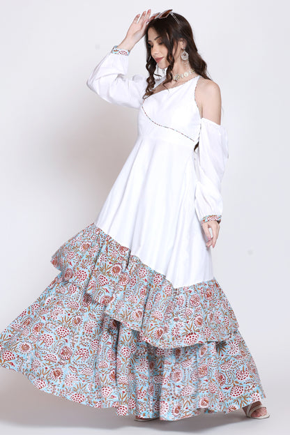 Sanganeri Assymetrical Flared White Dress With Skirt