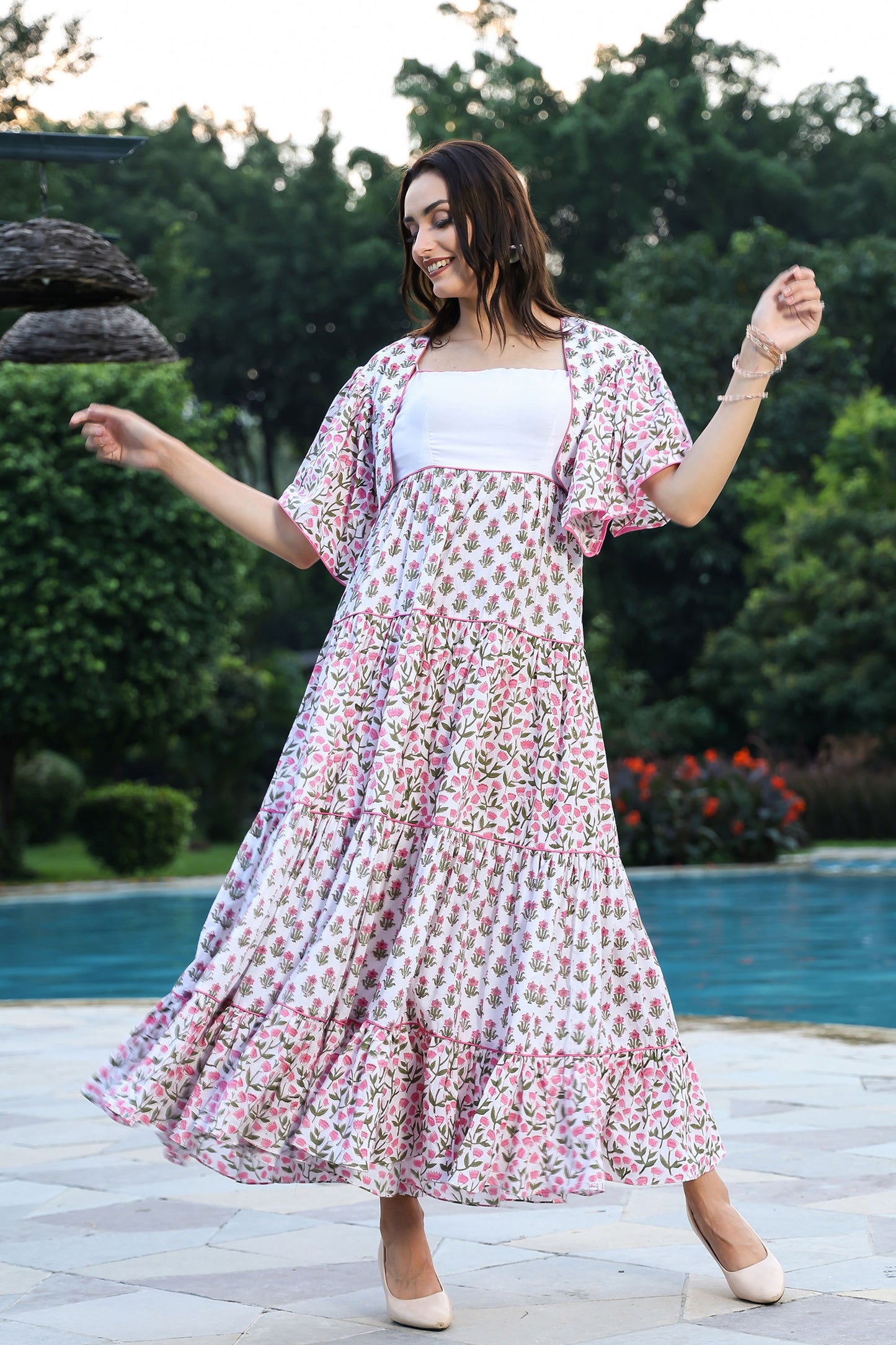Sanganeri Floral Tiered Maxi Dress With Shrug