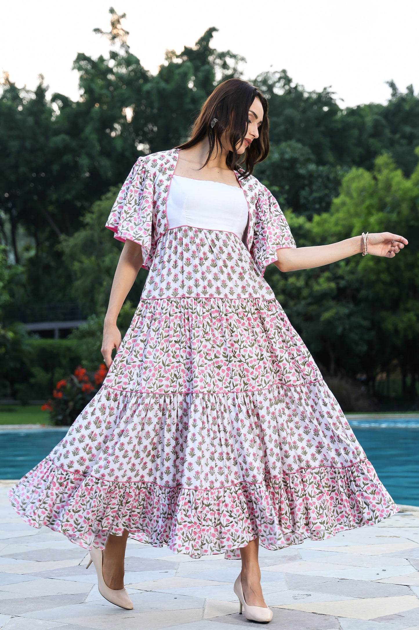 Sanganeri Floral Tiered Maxi Dress With Shrug
