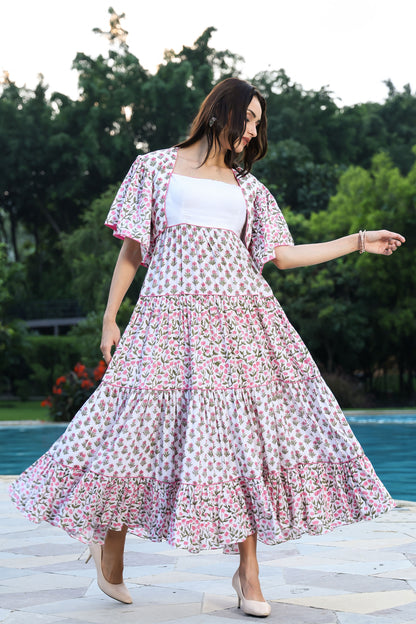 Sanganeri Floral Tiered Maxi Dress With Shrug