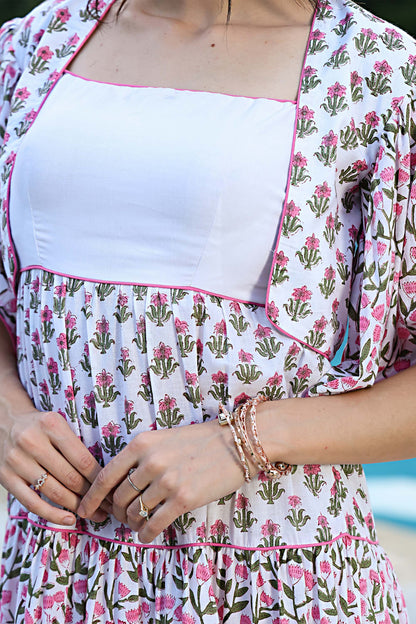 Sanganeri Floral Tiered Maxi Dress With Shrug