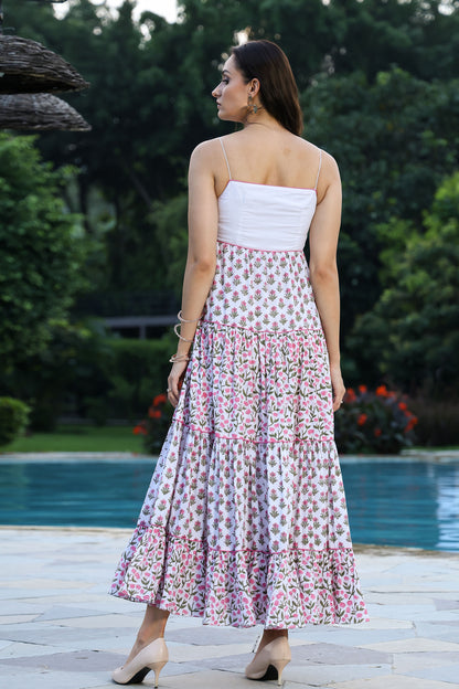 Sanganeri Floral Tiered Maxi Dress With Shrug