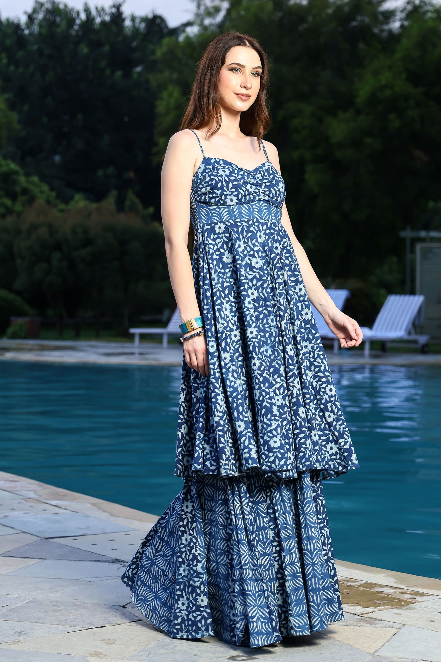 Indigo Double Layered Anarkali Skirt Set