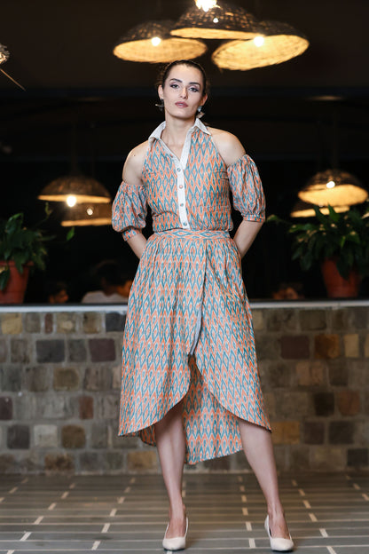 Coral And Jade Ikat Tulip Skirt & Cold Shoulder Shirt Co-ord Set