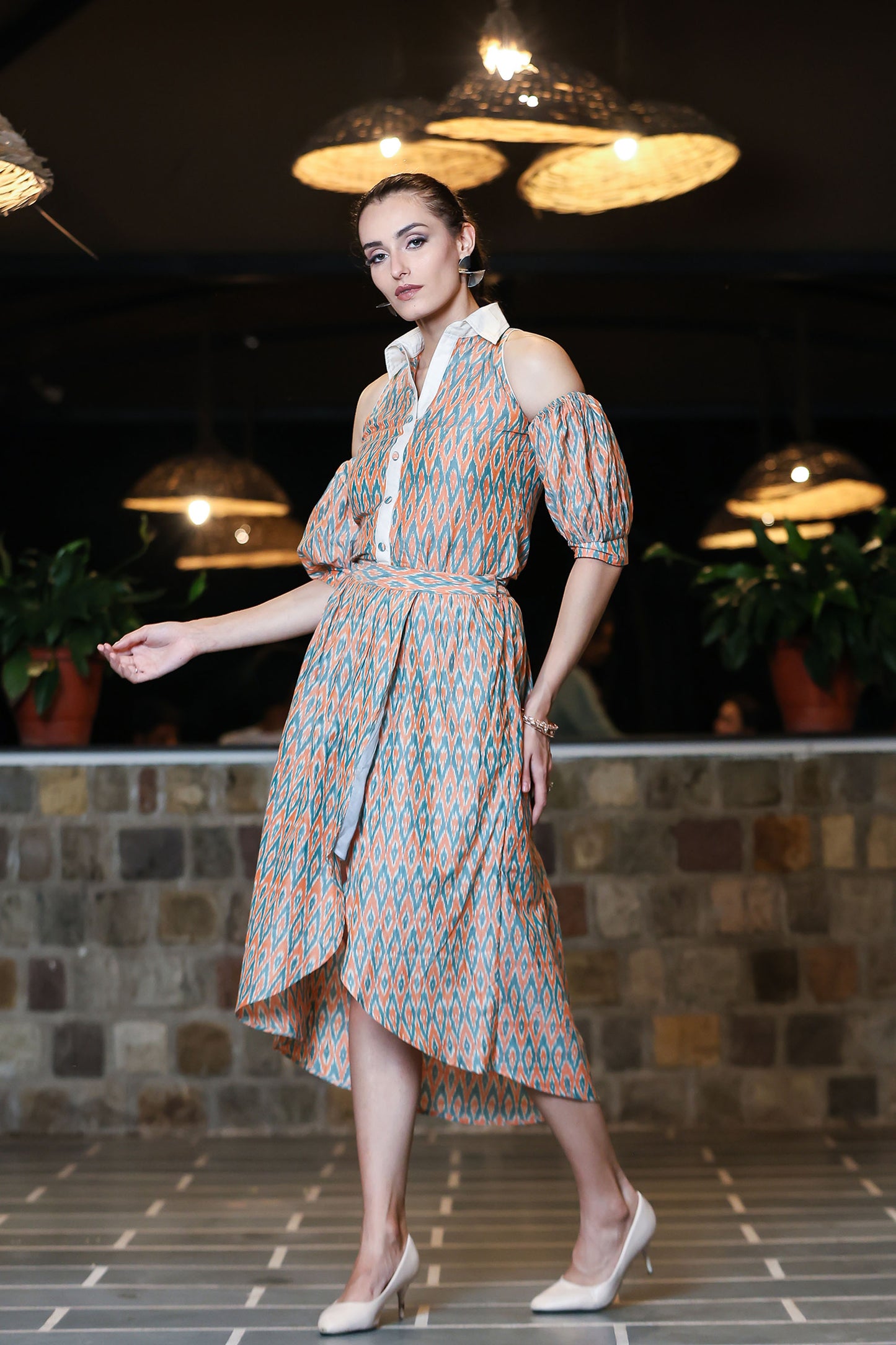 Coral And Jade Ikat Tulip Skirt & Cold Shoulder Shirt Co-ord Set