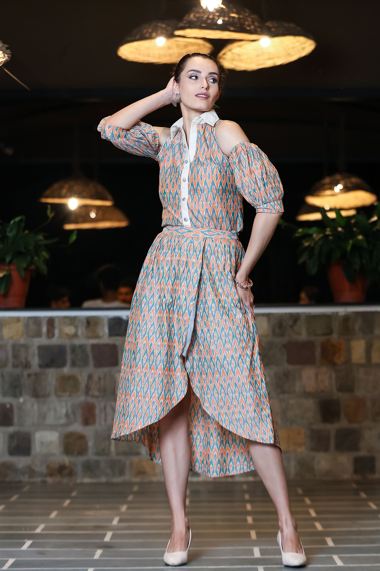 Coral And Jade Ikat Tulip Skirt & Cold Shoulder Shirt Co-ord Set