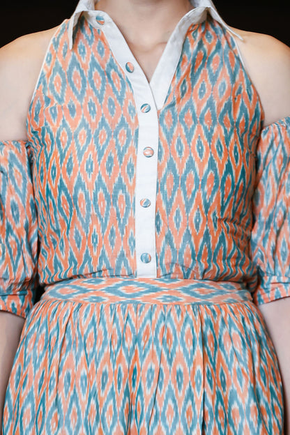 Coral And Jade Ikat Tulip Skirt & Cold Shoulder Shirt Co-ord Set