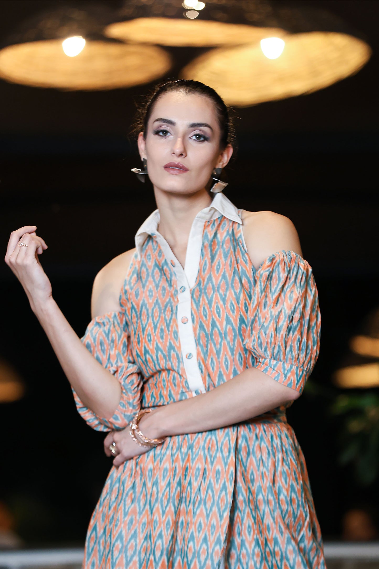 Coral And Jade Ikat Tulip Skirt & Cold Shoulder Shirt Co-ord Set