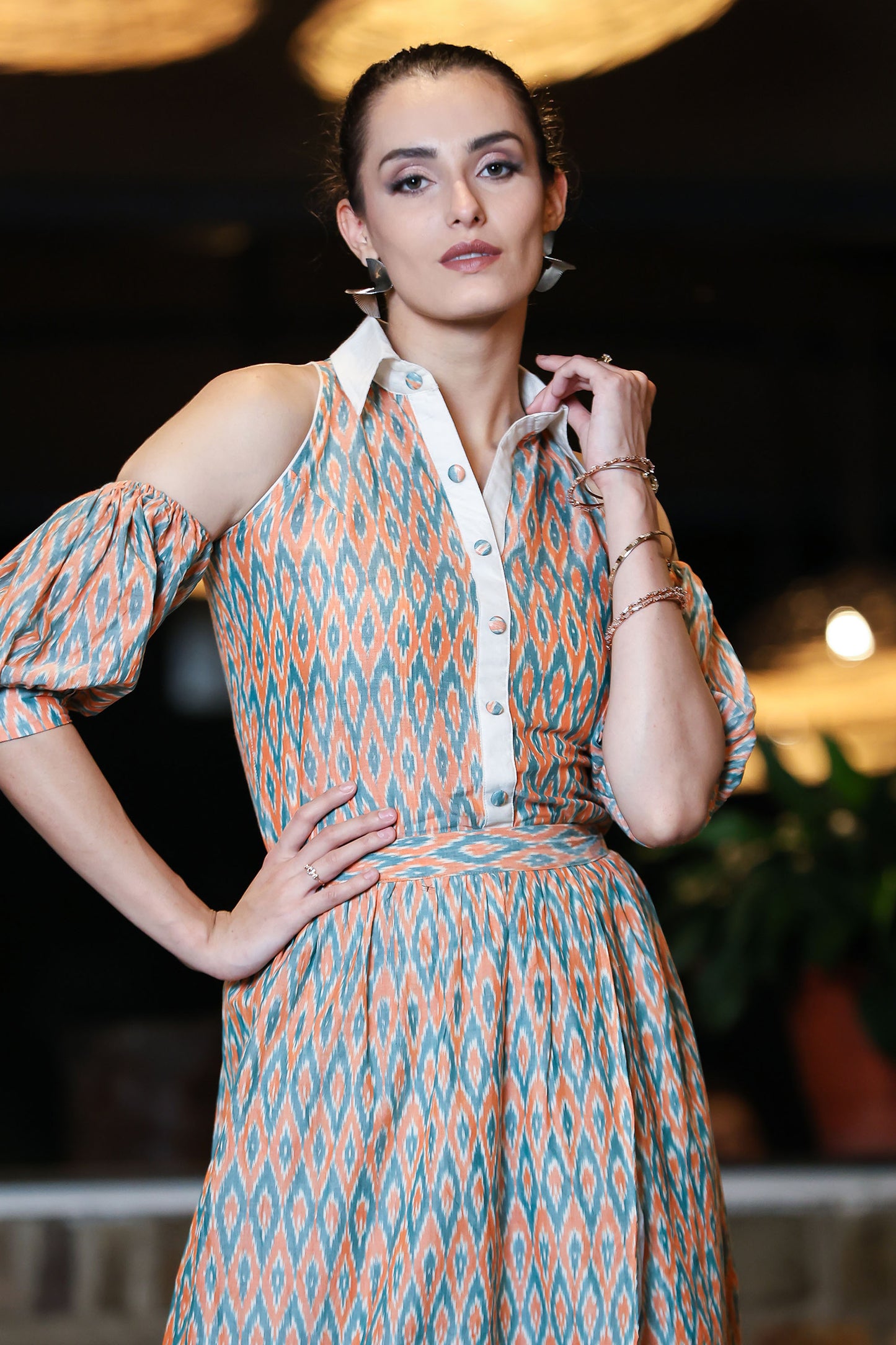 Coral And Jade Ikat Tulip Skirt & Cold Shoulder Shirt Co-ord Set