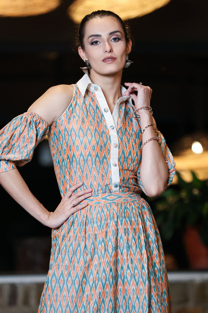 Coral And Jade Ikat Tulip Skirt & Cold Shoulder Shirt Co-ord Set