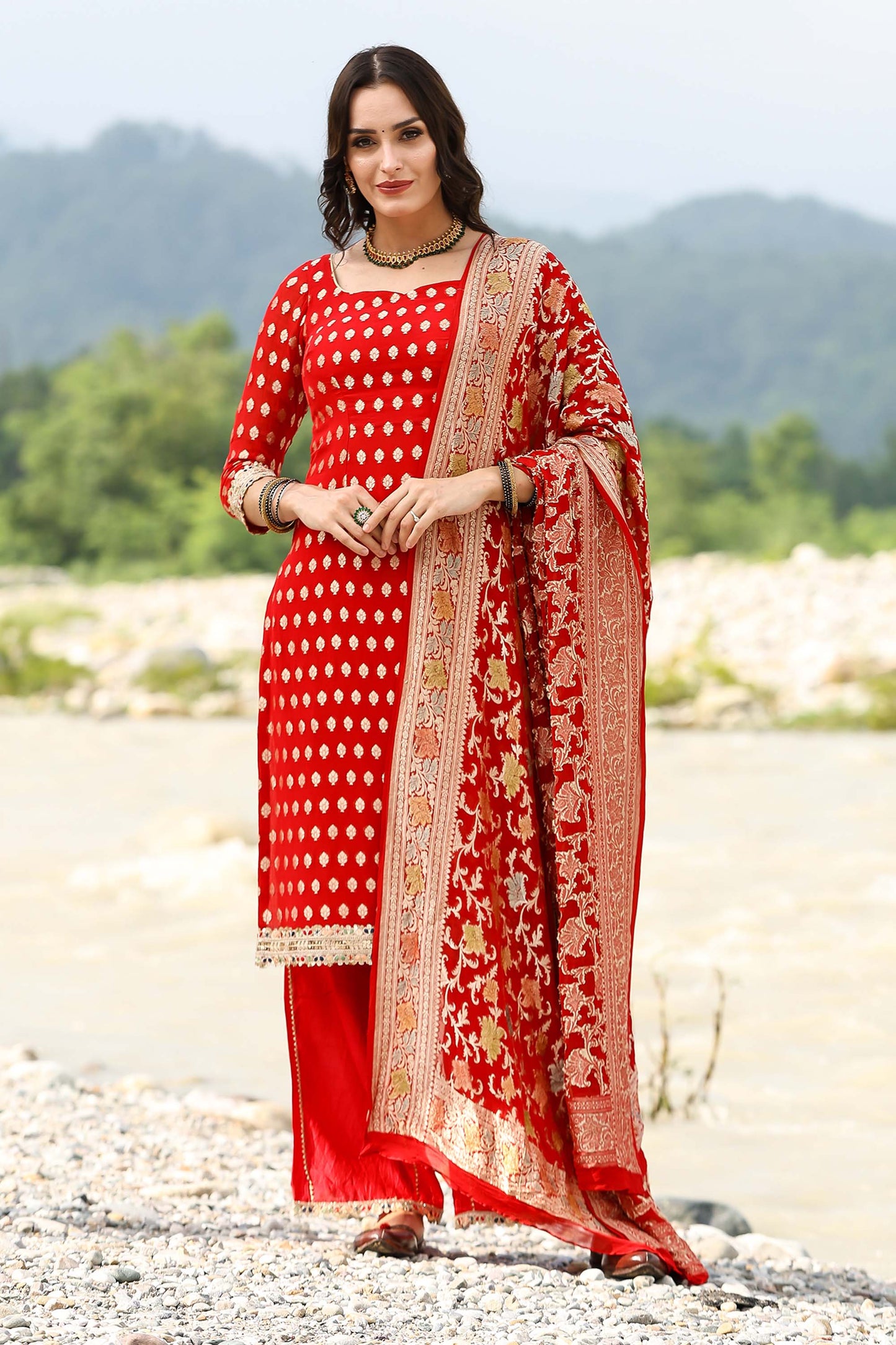 Banarasi Red Georgette Handloom Suit Set With Duppatta