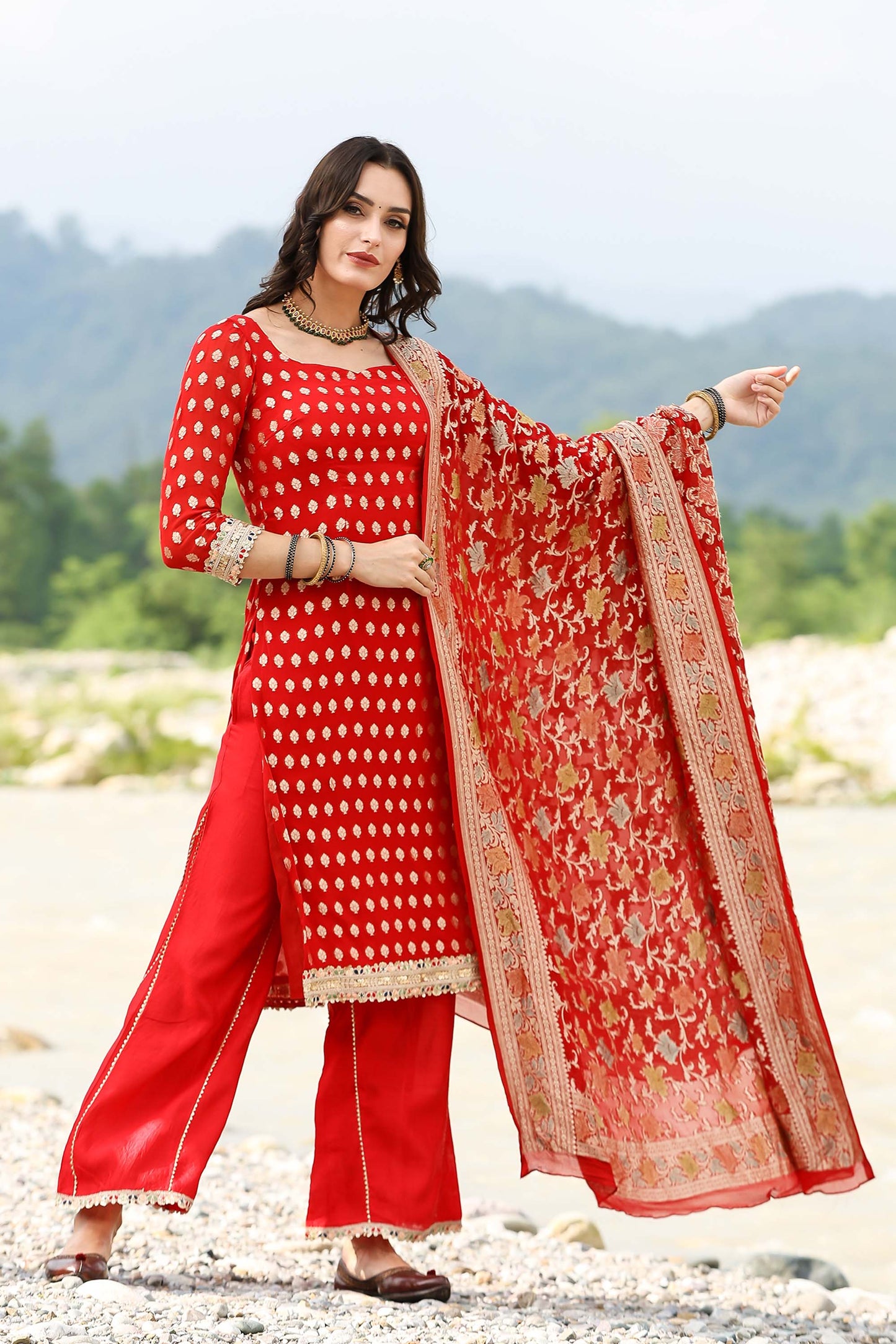 Banarasi Red Georgette Handloom Suit Set With Duppatta