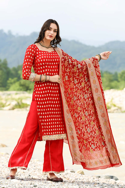 Banarasi Red Georgette Handloom Suit Set With Duppatta