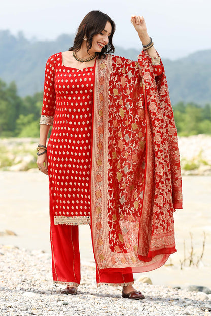 Banarasi Red Georgette Handloom Suit Set With Duppatta