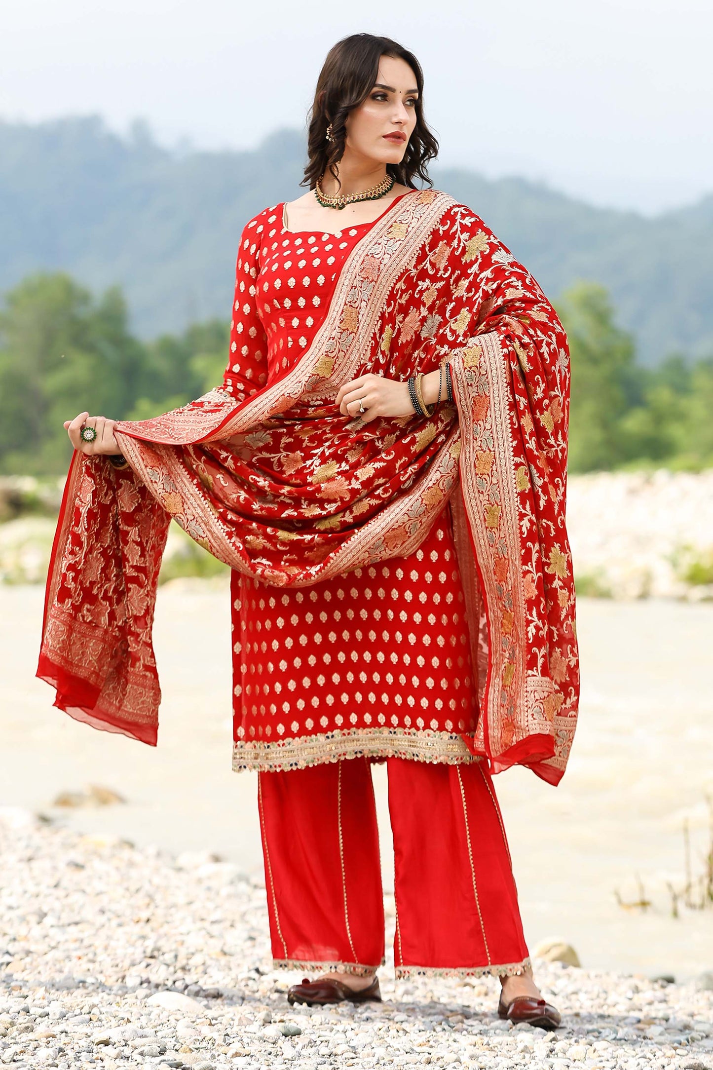 Banarasi Red Georgette Handloom Suit Set With Duppatta