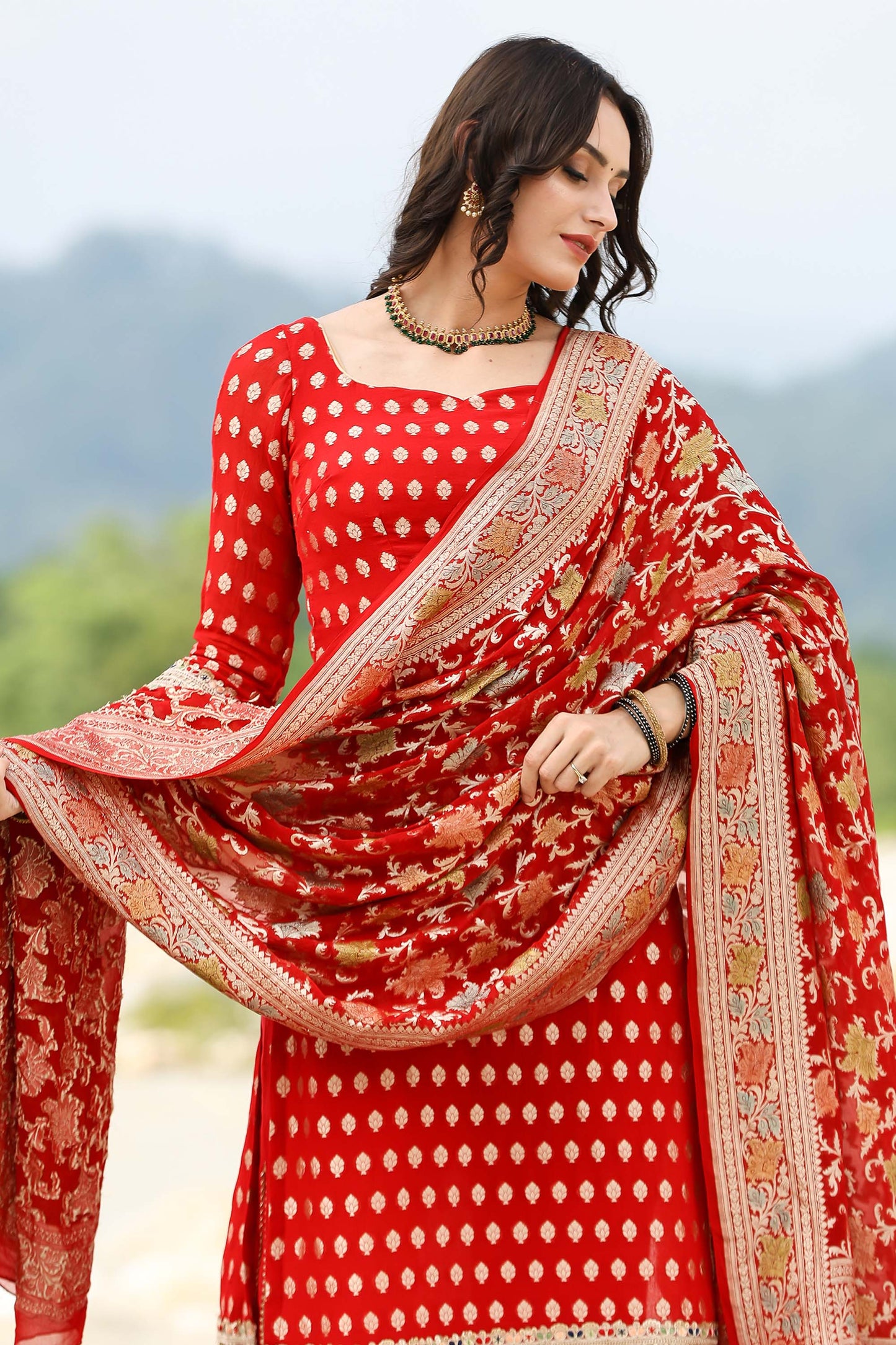 Banarasi Red Georgette Handloom Suit Set With Duppatta