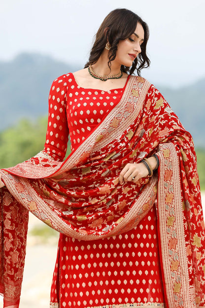 Banarasi Red Georgette Handloom Suit Set With Duppatta