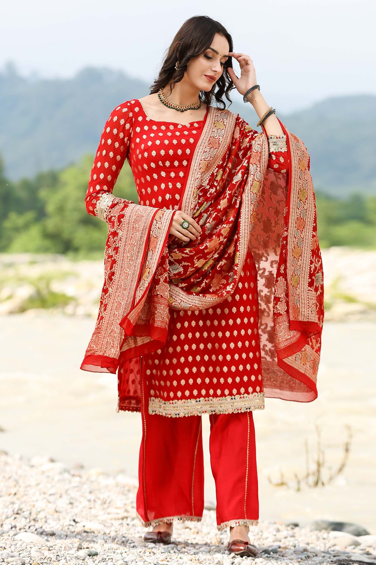 Banarasi Red Georgette Handloom Suit Set With Duppatta
