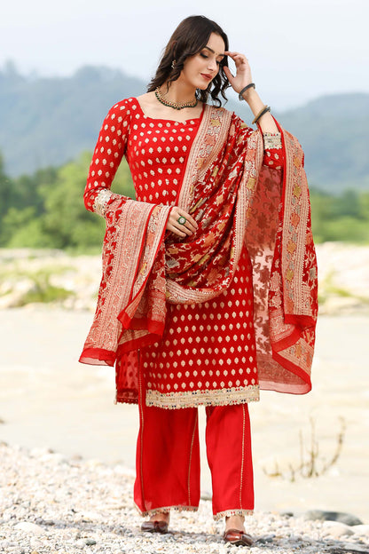 Banarasi Red Georgette Handloom Suit Set With Duppatta