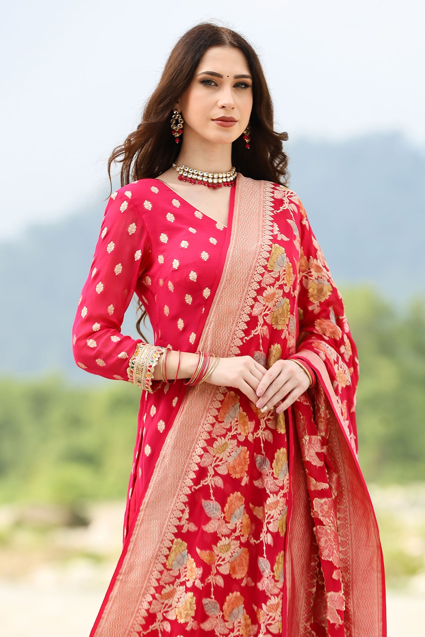 Banarasi Pink Handloom Georgette Suit Set With Duppatta