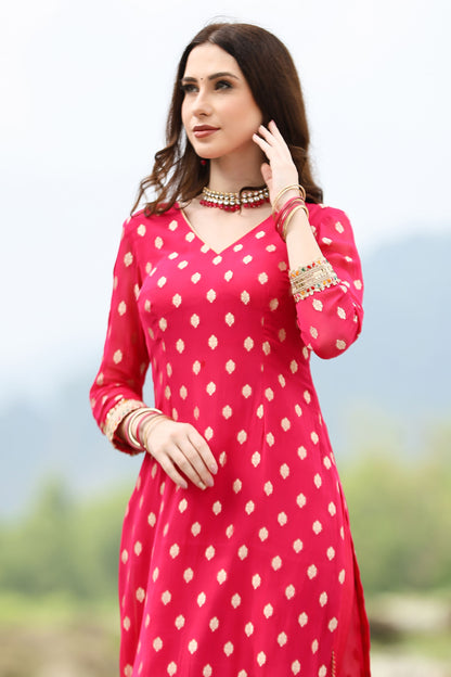 Banarasi Pink Handloom Georgette Suit Set With Duppatta