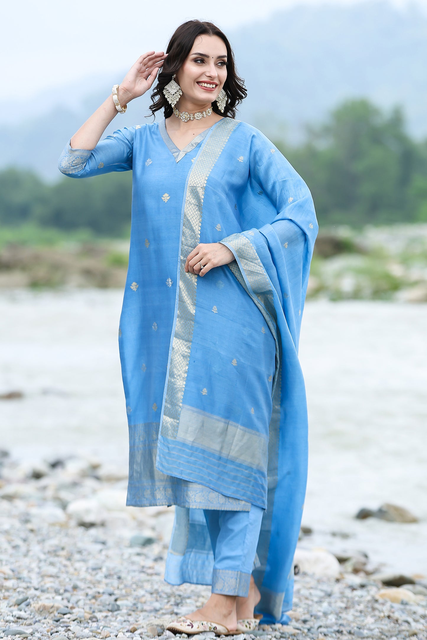 Banarasi Cupro Yarn Royal Blue Suit Set