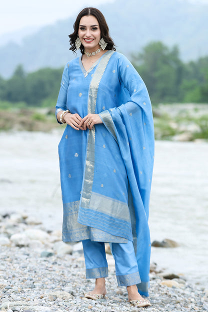 Banarasi Cupro Yarn Royal Blue Suit Set
