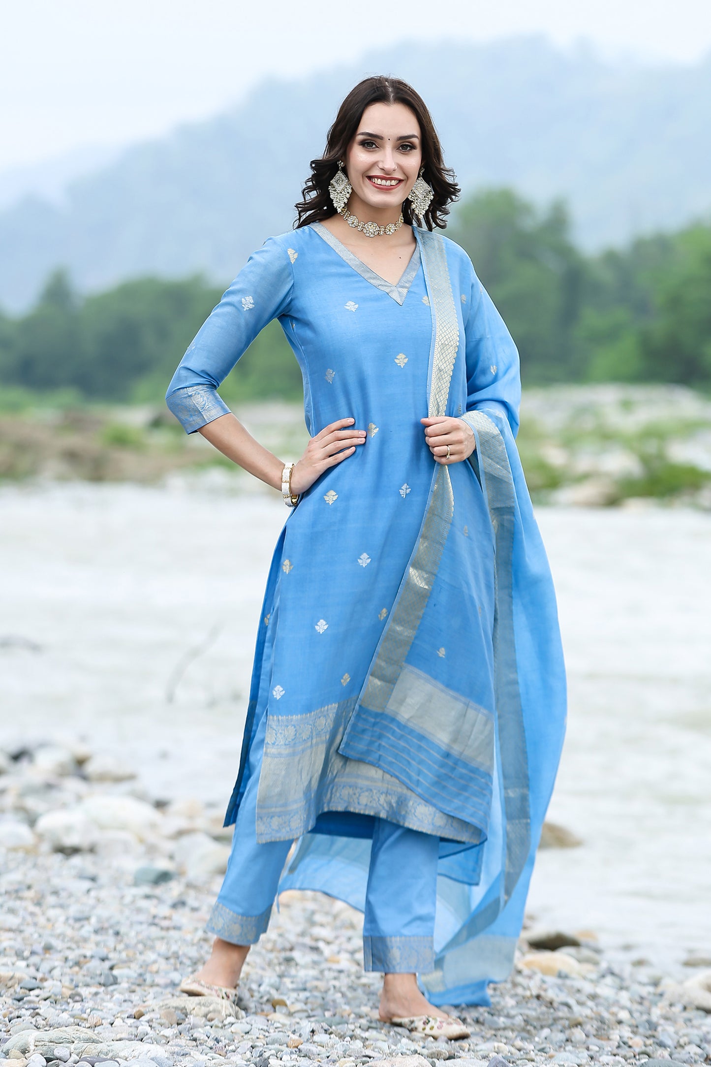 Banarasi Cupro Yarn Royal Blue Suit Set