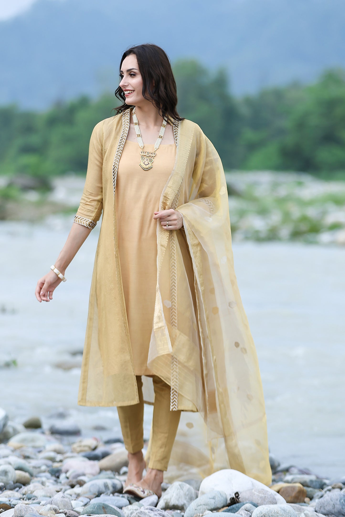 Gold Tissue Kota Handloom Sherwani Kurta Set