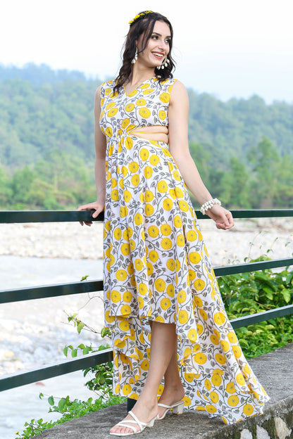 Canary Yellow Handblock Cut Out Dress With Tassels