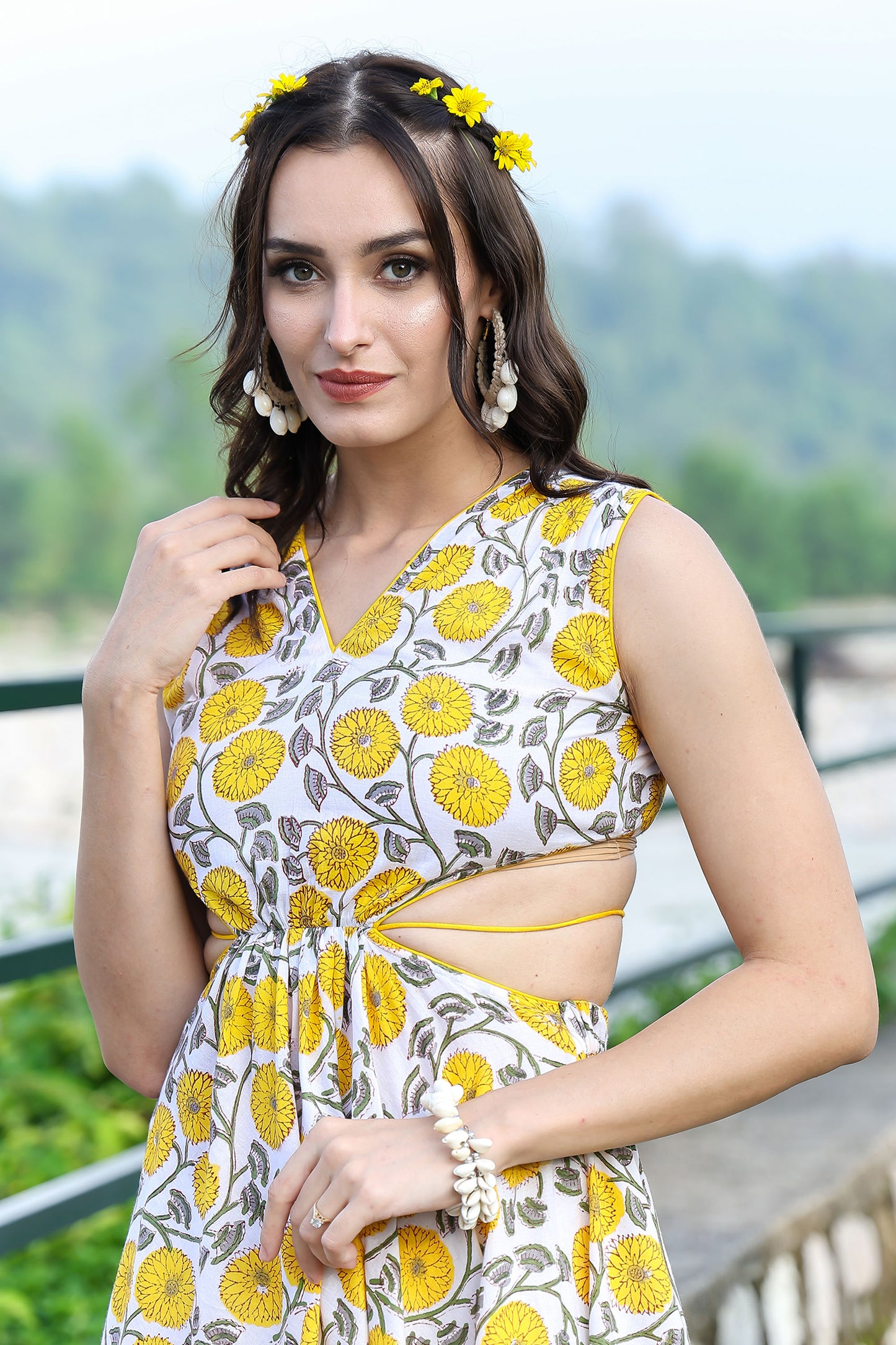 Canary Yellow Handblock Cut Out Dress With Tassels