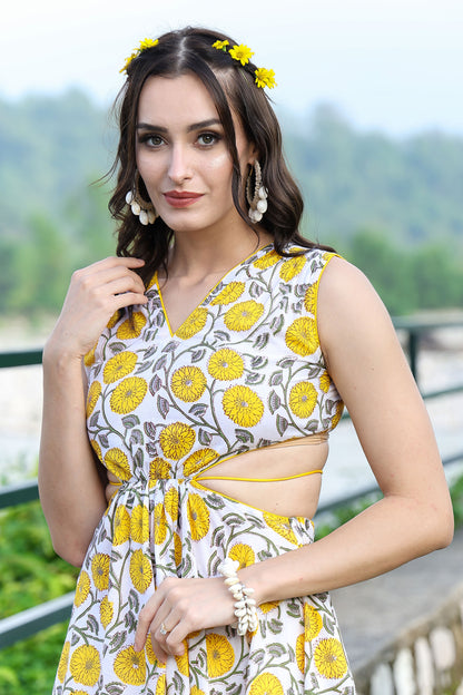 Canary Yellow Handblock Cut Out Dress With Tassels