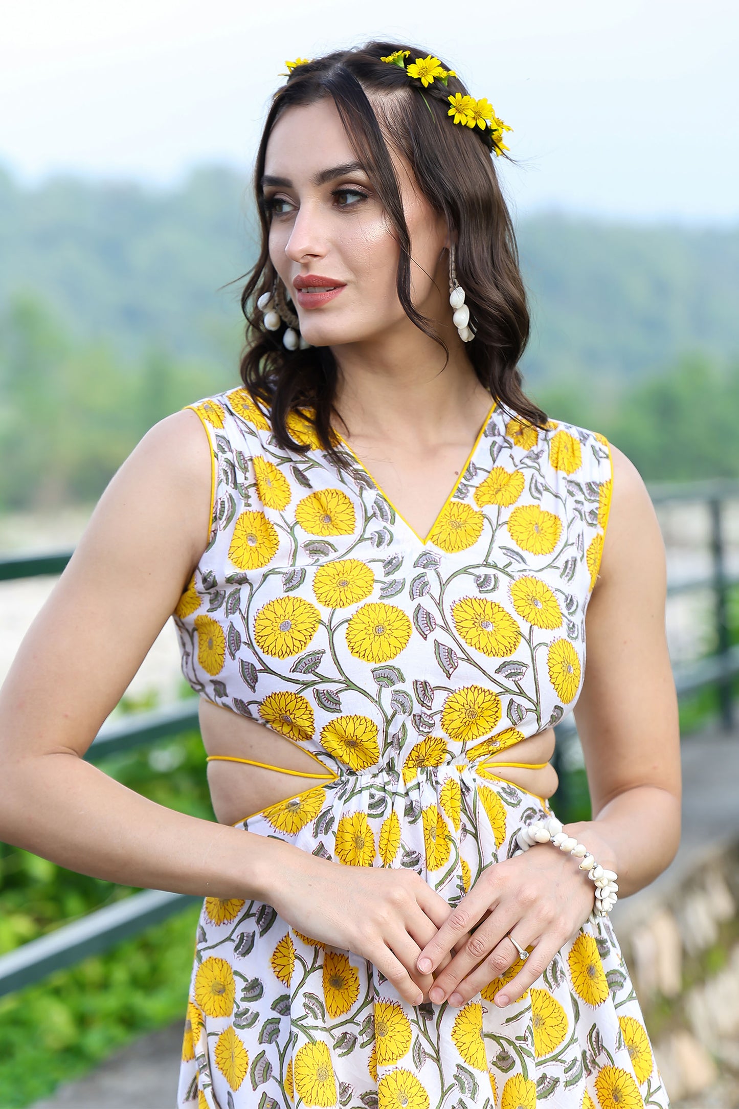 Canary Yellow Handblock Cut Out Dress With Tassels