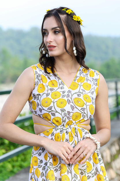 Canary Yellow Handblock Cut Out Dress With Tassels