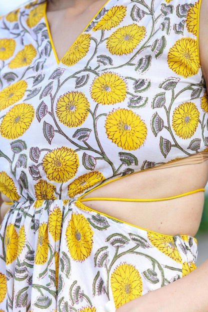 Canary Yellow Handblock Cut Out Dress With Tassels