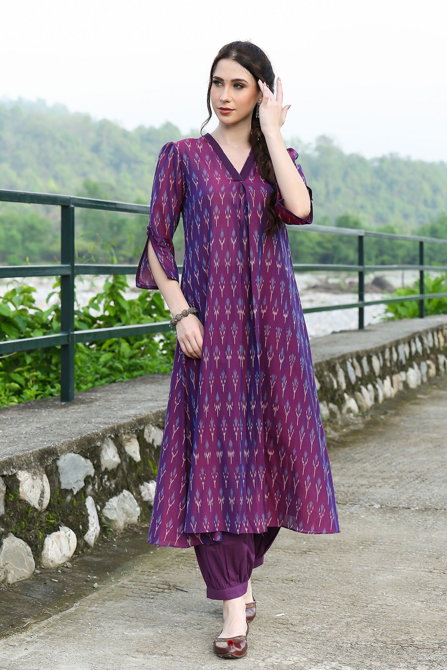 Violet Ikat Kurta With Solid Hem Cuffed Pants