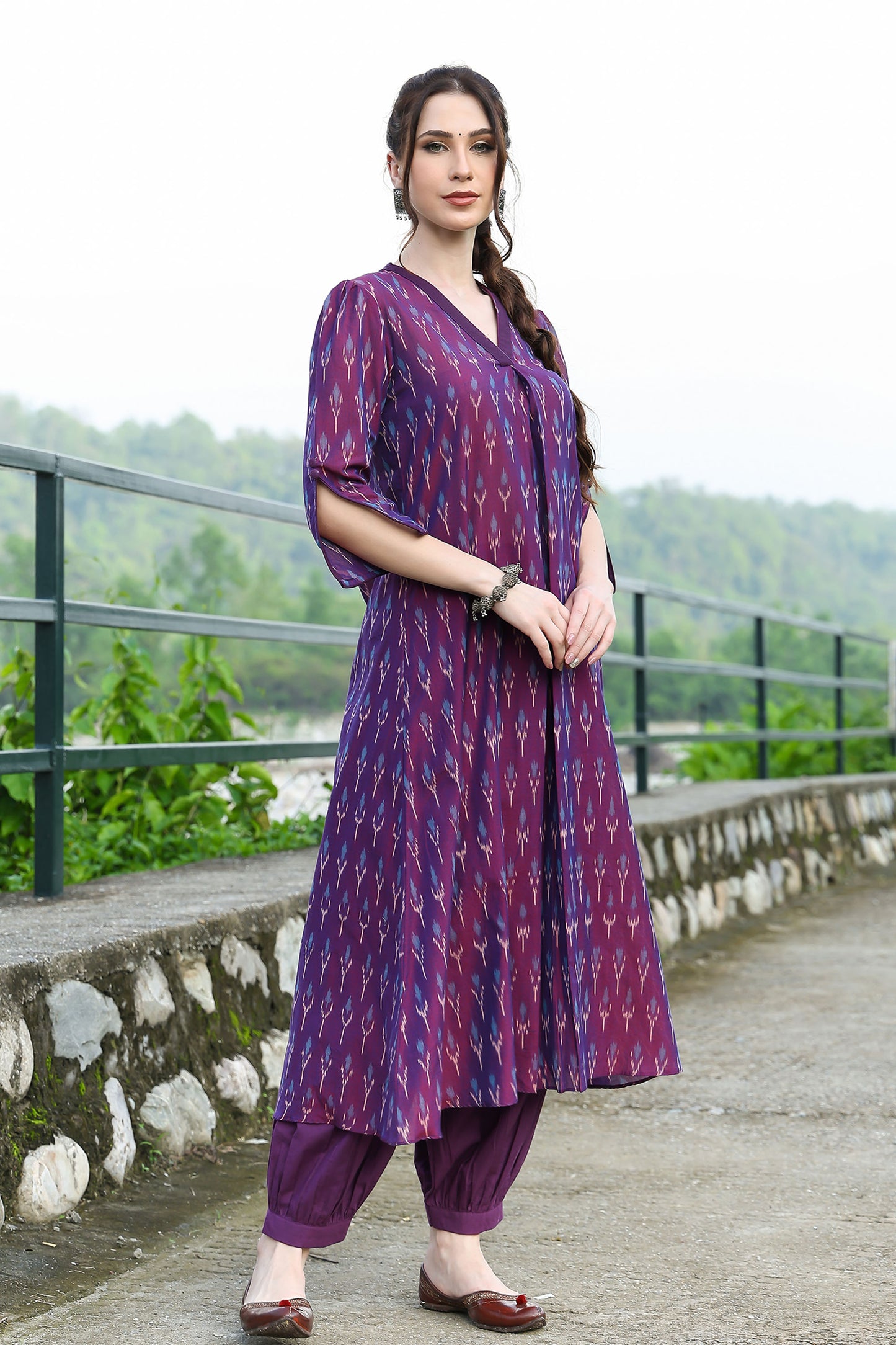 Violet Ikat Kurta With Solid Hem Cuffed Pants