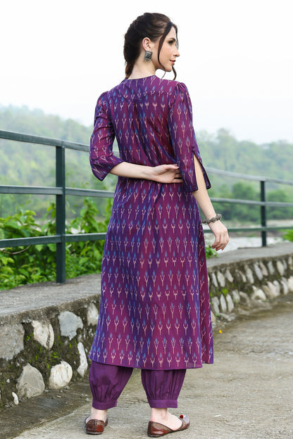 Violet Ikat Kurta With Solid Hem Cuffed Pants
