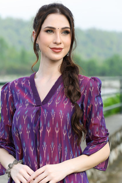 Violet Ikat Kurta With Solid Hem Cuffed Pants