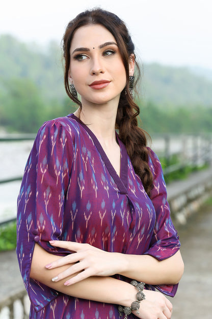 Violet Ikat Kurta With Solid Hem Cuffed Pants