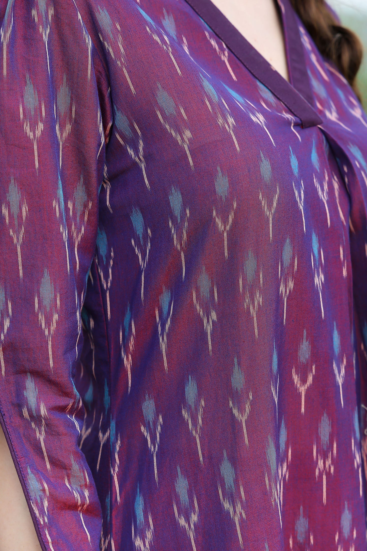 Violet Ikat Kurta With Solid Hem Cuffed Pants